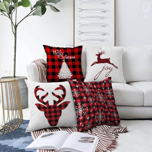 Christmas Cushion Covers Red & Black Plaid Pattern - Xmas Reindeers & Tree, Double Sided Printing On The Chenille With Different Sizes - image 1