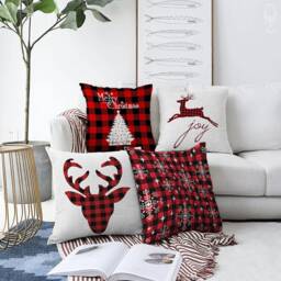 Christmas Cushion Covers Red & Black Plaid Pattern - Xmas Reindeers & Tree, Double Sided Printing On The Chenille With Different Sizes - thumbnail 1