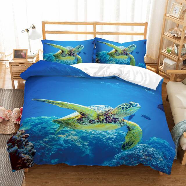 3D Turtle Duvet Cover Set, Undersea Quilt Bedding, Vibrant Coral Reef - image 1