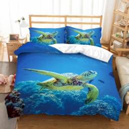 3D Turtle Duvet Cover Set, Undersea Quilt Bedding, Vibrant Coral Reef