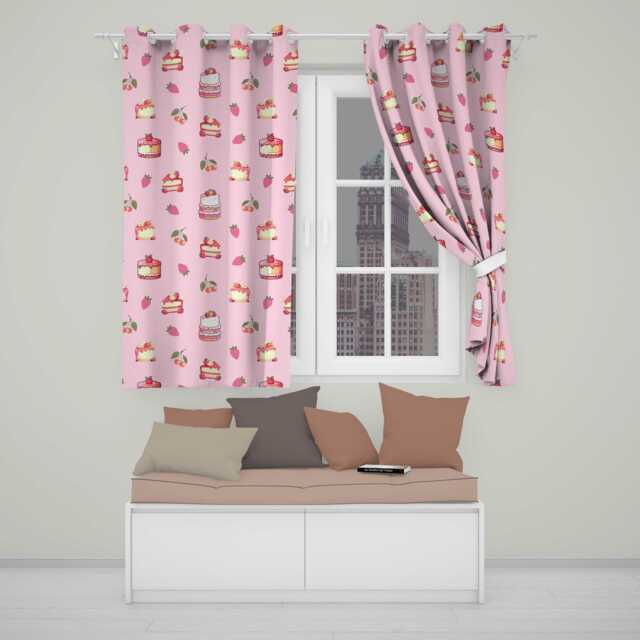 Cute Strawberry Cherry Cake Dessert Soft Pink Background Seamless Pattern Readymade Eyelet Ring Top Thermal 100% Blackout Curtains - image 1