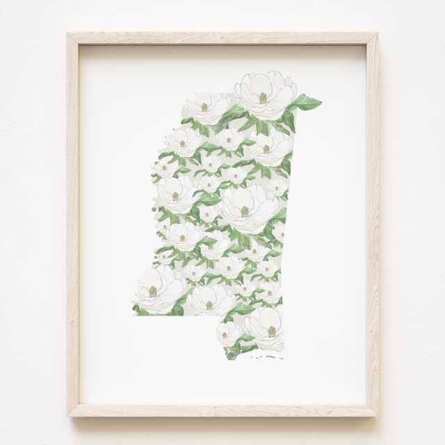 Mississippi State Flower Map Watercolor Magnolia - Art Print Wall Graduation Wedding Realtor Moving Gift Southern Floral - image 1