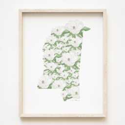 Mississippi State Flower Map Watercolor Magnolia - Art Print Wall Graduation Wedding Realtor Moving Gift Southern Floral - thumbnail 1