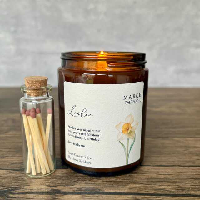 Personalised March Birthday Gift, Candle, Birth Flower, Gift For Friend - image 1