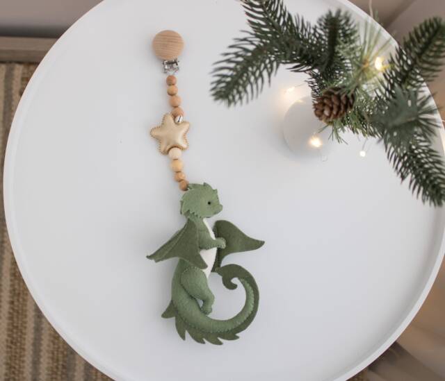 Dragon Stroller Mobile, Toy, Green Lanyard, Pram Toy, Baby Rattles, Pram Decor, Accessory, Unisex Baby Gift - image 1