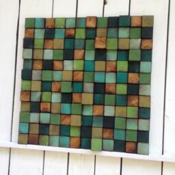 Reclaimed Pine Wood Wall Art - Green Turquoise Mosaic Sculpture - thumbnail 4