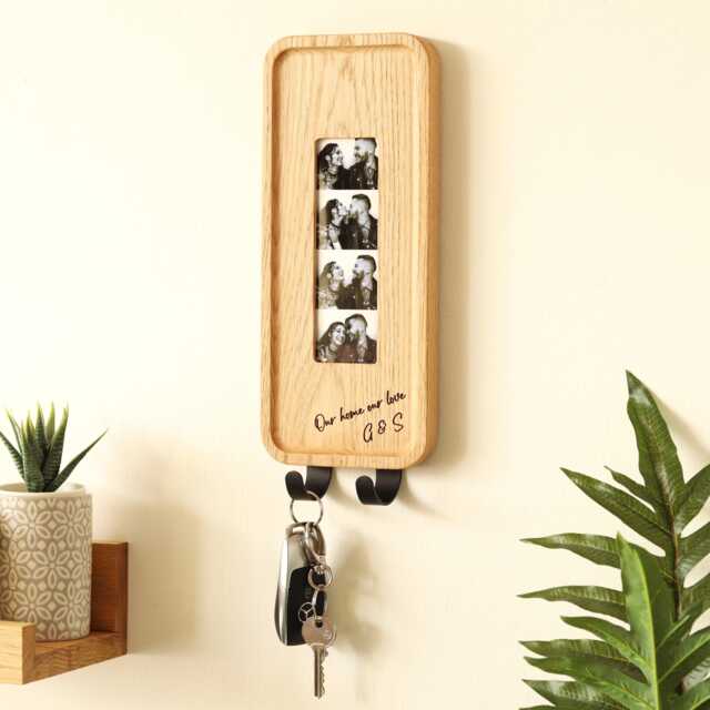 Personalised Solid Oak Photobooth Strip Frame With Key Hook Or Hooks - image 1