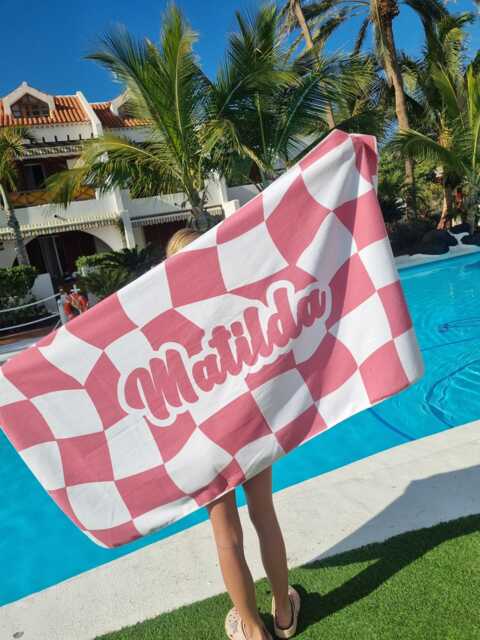 Personalized Pink Checkered Beach Towel, Custom Name, Microfibre - image 1