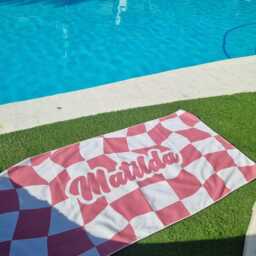 Personalized Pink Checkered Beach Towel, Custom Name, Microfibre - thumbnail 4