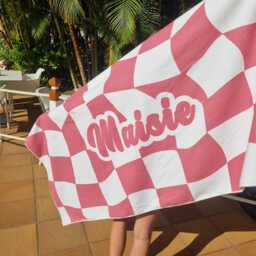 Personalized Pink Checkered Beach Towel, Custom Name, Microfibre - thumbnail 3