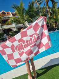 Personalized Pink Checkered Beach Towel, Custom Name, Microfibre