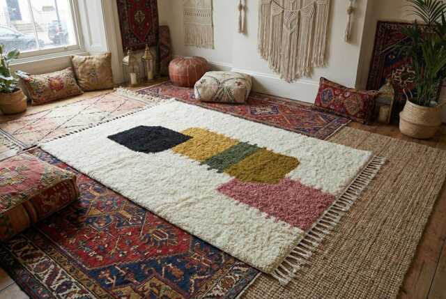 Handcrafted Moroccan Shag Rug, Boho Nursery Area Ivory Geometric Wool Carpet - image 1