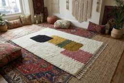Handcrafted Moroccan Shag Rug, Boho Nursery Area Ivory Geometric Wool Carpet - thumbnail 1