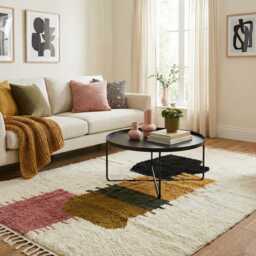 Handcrafted Moroccan Shag Rug, Boho Nursery Area Ivory Geometric Wool Carpet - thumbnail 3