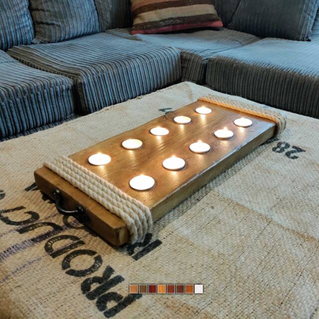 Pinewood Tealight Candle Board With Jute Rope Bumpers & Metal Handles - image 1