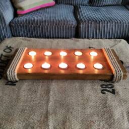 Pinewood Tealight Candle Board With Jute Rope Bumpers & Metal Handles - thumbnail 3