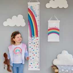 Personalised Bright Rainbow Hearts Canvas Height Chart, Growth Chart, Wall Hanging, White, Blue Or Grey, Hearts Stars in Inches & cms - thumbnail 3