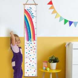 Personalised Bright Rainbow Hearts Canvas Height Chart, Growth Chart, Wall Hanging, White, Blue Or Grey, Hearts Stars in Inches & cms - thumbnail 1