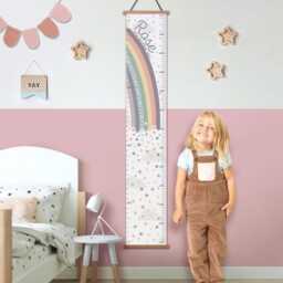 Personalised Bright Rainbow Hearts Canvas Height Chart, Growth Chart, Wall Hanging, White, Blue Or Grey, Hearts Stars in Inches & cms - thumbnail 2