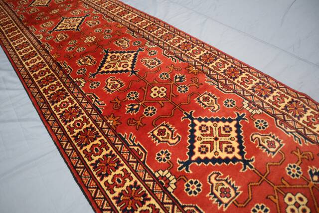 13 Ft Tribal Runner Rug, Orange Red Afghan Hand Knotted Veg Dyes Wool Runner, Oriental Turkmen Rug, Geometric Boho Long Hallway - image 1