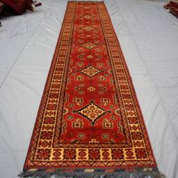 13 Ft Tribal Runner Rug, Orange Red Afghan Hand Knotted Veg Dyes Wool Runner, Oriental Turkmen Rug, Geometric Boho Long Hallway - thumbnail 2