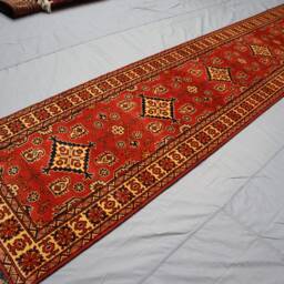 13 Ft Tribal Runner Rug, Orange Red Afghan Hand Knotted Veg Dyes Wool Runner, Oriental Turkmen Rug, Geometric Boho Long Hallway - thumbnail 3