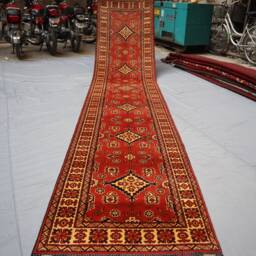 13 Ft Tribal Runner Rug, Orange Red Afghan Hand Knotted Veg Dyes Wool Runner, Oriental Turkmen Rug, Geometric Boho Long Hallway - thumbnail 4