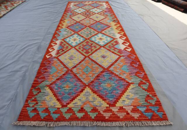3x10 Ft Afghan Kilim Runner Rug- Tribal Turkmen Handmade 100% Wool Rug - Flatweave Orange Boho Bohemian Vintage Hallway Kitchen - image 1