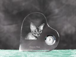 Devon Rex - Crystal Clock in The Shape Of A Heart With Image Pure-Bred Cat - thumbnail 1
