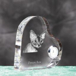 Devon Rex - Crystal Clock in The Shape Of A Heart With Image Pure-Bred Cat - thumbnail 3
