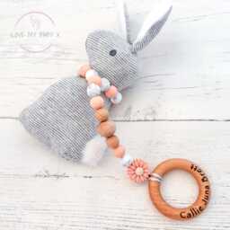Flower Personalised Bunny Gift, Rattle Sensory Rattle, Engraved Toy, First Christmas Gift Girl, Newborn New Mum Gift Idea