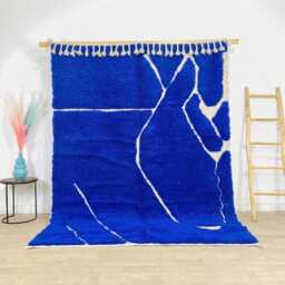 Hand Tufted Blue Abstract Moroccan Rug, White Line Berber Shag Carpet, Large Area Modern Boho Decor - thumbnail 1