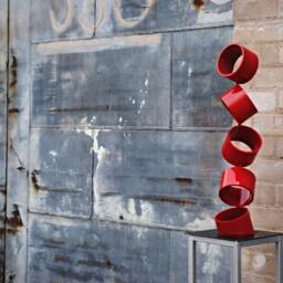 Reclaimed Metal Abstract Sculpture Red Gloss Finish, Mid-Century Modern Table Decor - thumbnail 2