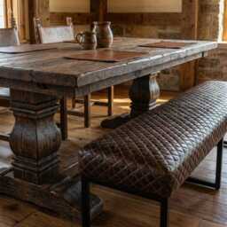 Handmade Diamond Stitched Leather Dining Bench - Fabricated Steel Frame Rgb - thumbnail 3