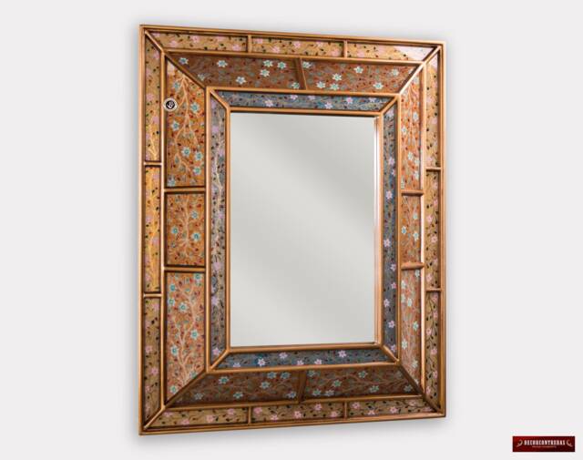 Peruvian Accent Mirror Wall Art, Gold Mirror For Wall Decor, Large Vanity From Peru, Painting On Glass With Gold Wood Framed - image 1