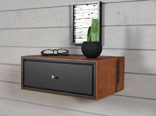Black Floating Bedside Table With 1 Old Wooden Box - image 1