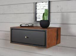 Black Floating Bedside Table With 1 Old Wooden Box - thumbnail 1