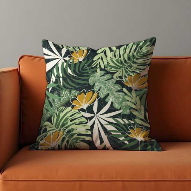 Tropical Floral Cushion Cover, Green Jungle Leaves & Yellow Flowers Pillow Exotic & Summer Decor - image 1
