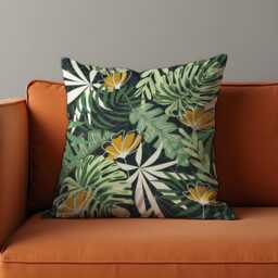 Tropical Floral Cushion Cover, Green Jungle Leaves & Yellow Flowers Pillow Exotic & Summer Decor