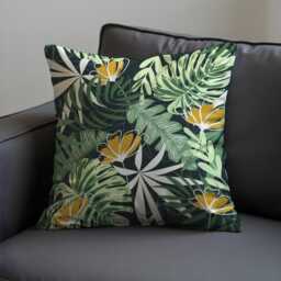 Tropical Floral Cushion Cover, Green Jungle Leaves & Yellow Flowers Pillow Exotic & Summer Decor - thumbnail 4