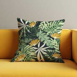 Tropical Floral Cushion Cover, Green Jungle Leaves & Yellow Flowers Pillow Exotic & Summer Decor - thumbnail 2