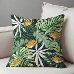 Tropical Floral Cushion Cover, Green Jungle Leaves & Yellow Flowers Pillow Exotic & Summer Decor - thumbnail 3