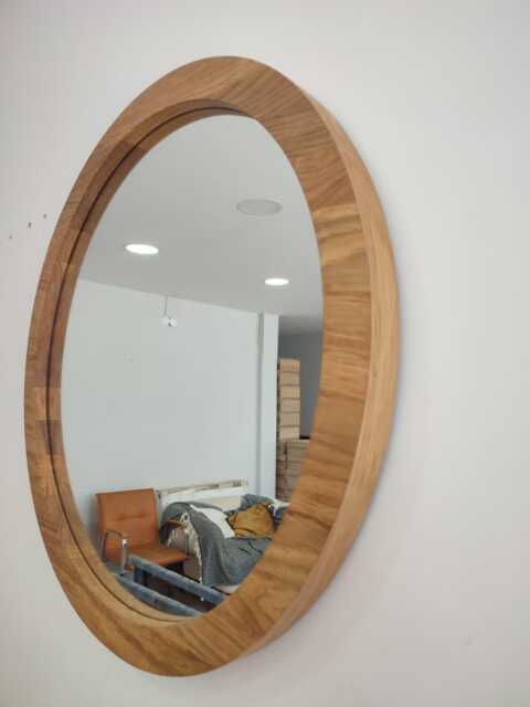Solid Oak Round Wall Mirror Modern Wood Frame, Handmade - image 1