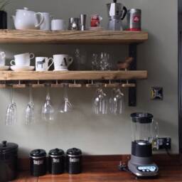 Reclaimed Wood Made To Measure Chunky Kitchen Shelves With Brackets, Handmade Or Without Wine Glass Holder in Rustic Finish - thumbnail 2