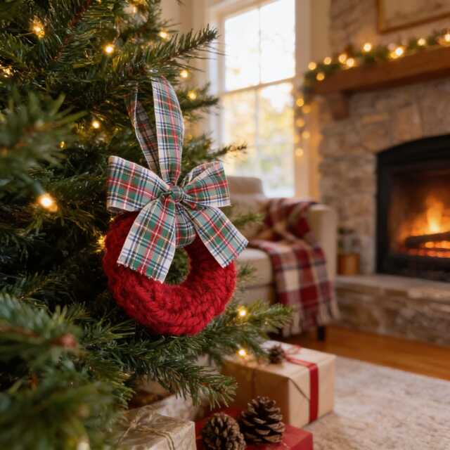 Knitted Wreath Ornament For Christmas Traditional Holiday Decor Gift - Tartan Choice - image 1