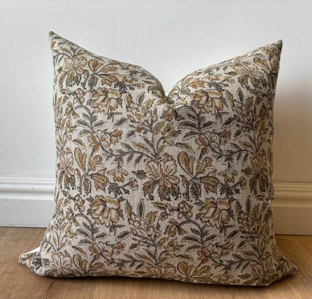 Hand Block Printed Pillow Cover - Designer-Inspired Floral Linen Beige Mustard Yellow -Neutral Earth Tones Boho Modern Decor Euro Sham - image 1