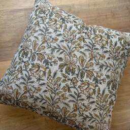 Hand Block Printed Pillow Cover - Designer-Inspired Floral Linen Beige Mustard Yellow -Neutral Earth Tones Boho Modern Decor Euro Sham - thumbnail 2