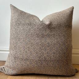 Hand Block Printed Pillow Cover - Designer-Inspired Floral Linen Beige Mustard Yellow -Neutral Earth Tones Boho Modern Decor Euro Sham - thumbnail 3