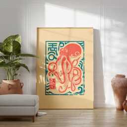 Red Octopus Poster - Japanese Linocut Illustration Graphic Marine Art - thumbnail 3