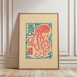 Red Octopus Poster - Japanese Linocut Illustration Graphic Marine Art - thumbnail 1